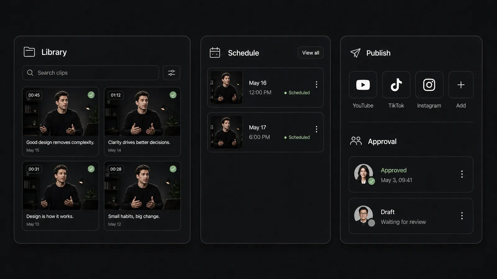 Feature visual showing a simple clip library, a short schedule queue, publish destinations, and a lightweight approval workflow.