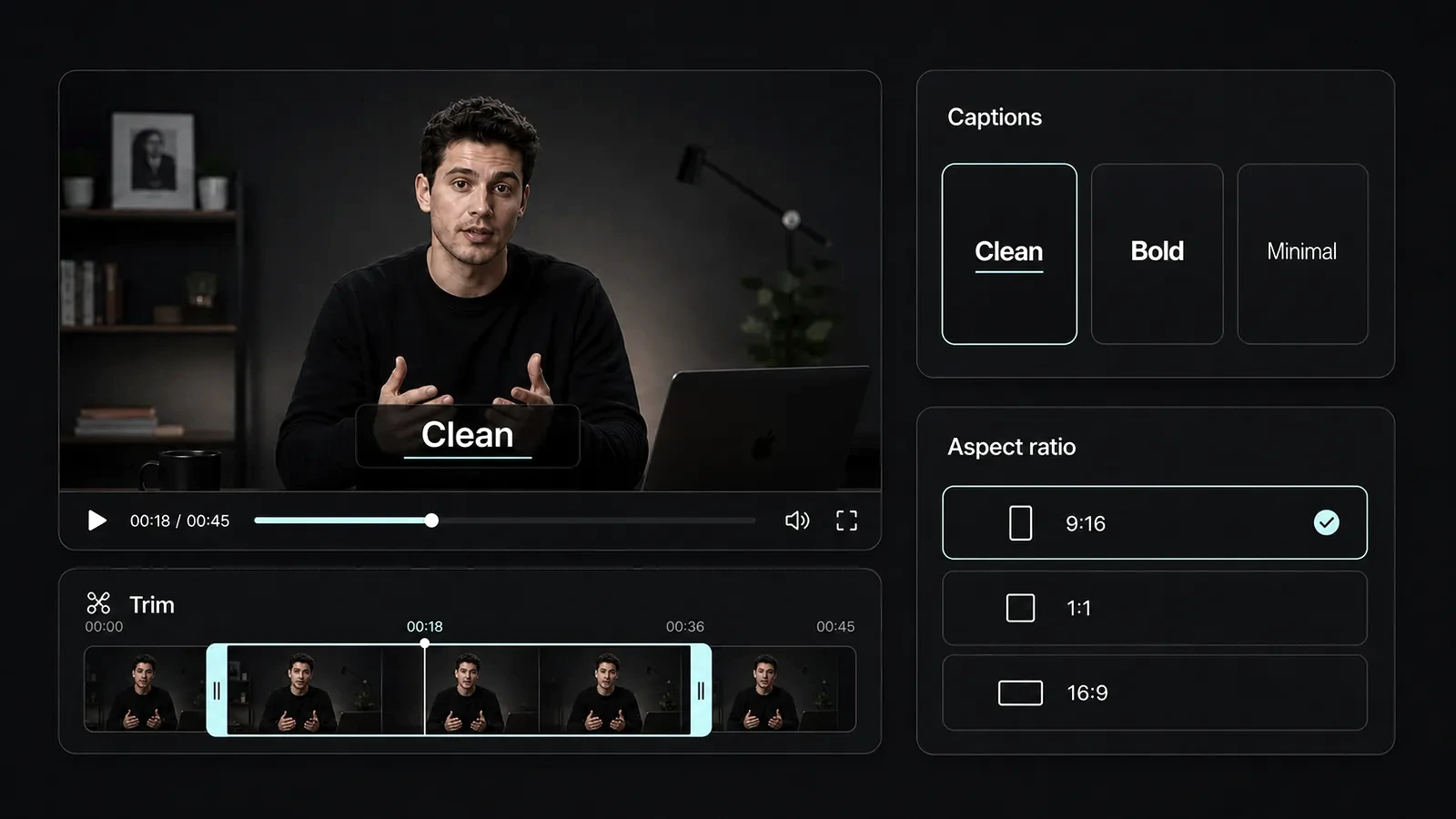 Feature visual showing caption styling, trim controls, B-roll suggestions, and aspect ratio adjustments in a clean editor flow.