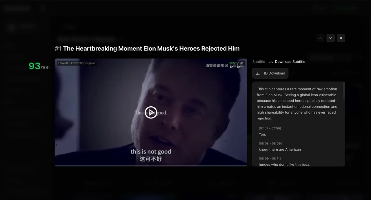 ShortMind clip detail view showing preview, recommendation notes, subtitle segments, and download actions.
