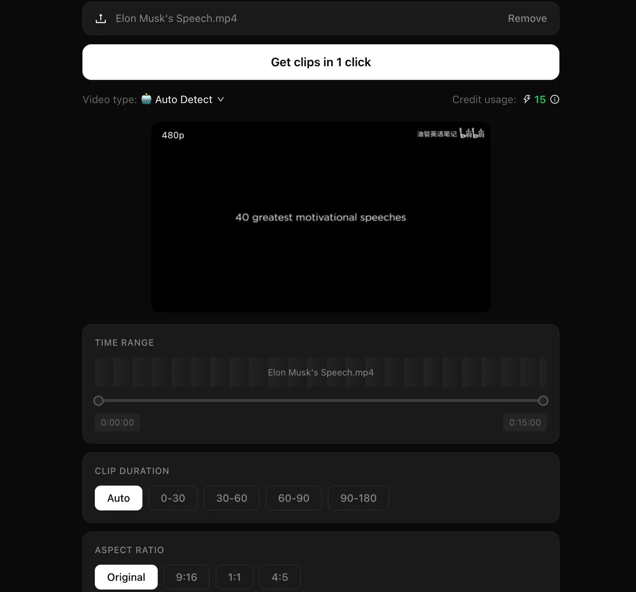 ShortMind clipping settings screen with video type, clip length, and aspect ratio controls.