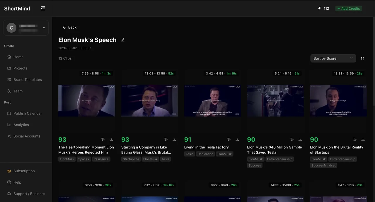 ShortMind project list view showing generated clips with scores and sorting controls.