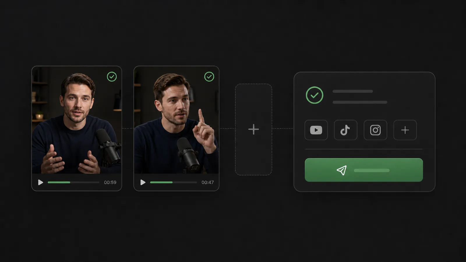 Publish step visual showing short clips from the same English-speaking creator ready to publish across Shorts, Reels, and TikTok.