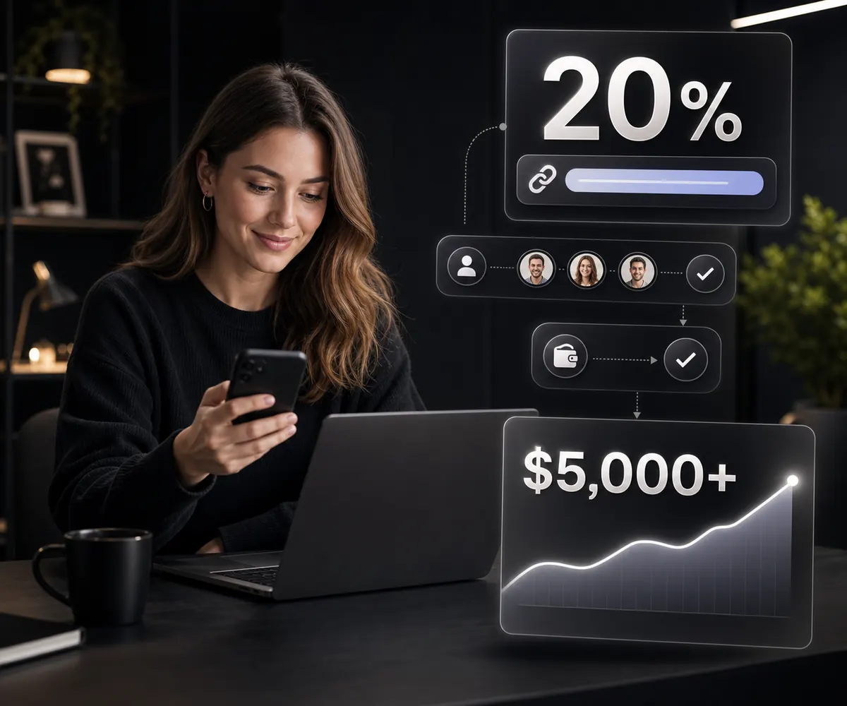 A Western female creator promoting referral cashback with a dedicated link, 20% cash rewards, and $5,000+ earnings growth
